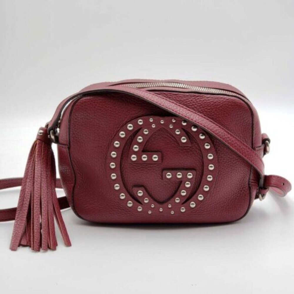 Authentic Gucci Soho Disco Studded Crossbody Bag Red Leather Small Camera Bag